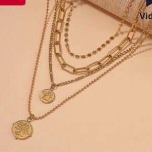 Set of 4 Multi Strand Coin Charm Link Chain Necklace 16, 18, 20, 22 Inches